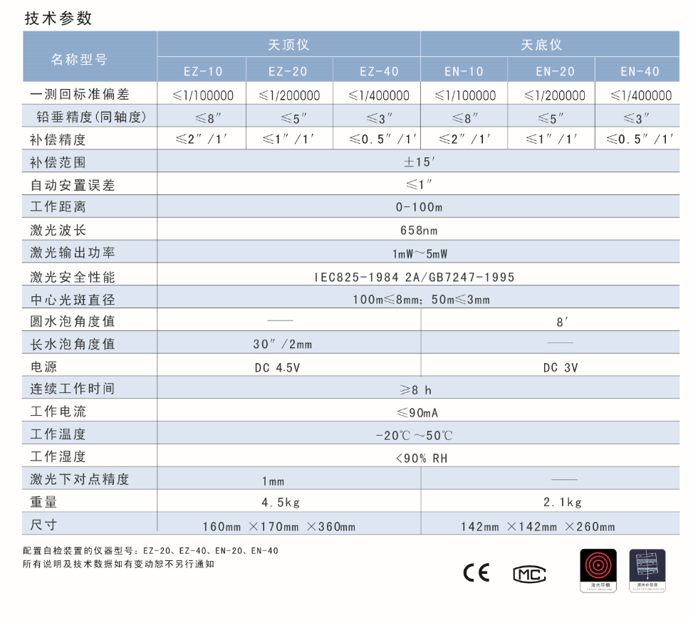EZ-10、EZ-20、EZ-40激光自動(dòng)安平天頂儀/上垂準儀技術(shù)參數